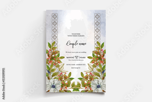 WEDDING INVITATION FRAME WITH FLOWER DECORATIONS AND FRESH LEAVES