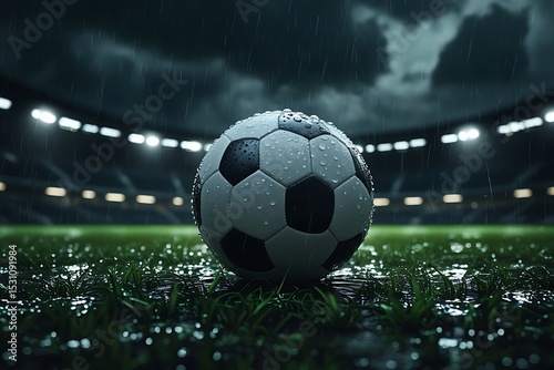 Rainy night soccer ball on wet grass stadium