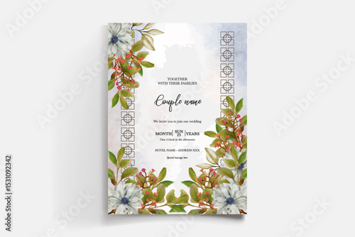 WEDDING INVITATION FRAME WITH FLOWER DECORATIONS AND FRESH LEAVES