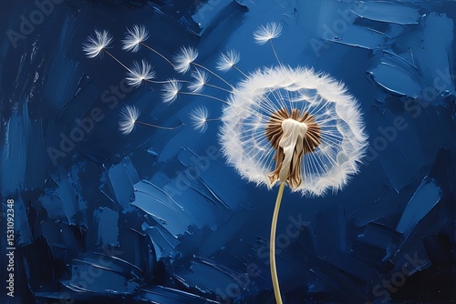 Dandelion seeds on blue impasto background