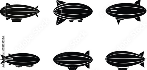 Set of black and white travel icons featuring zeppelin, blimp, and airship illustrations flying in the sky