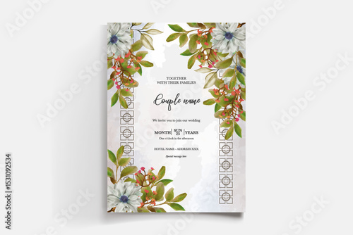 WEDDING INVITATION FRAME WITH FLOWER DECORATIONS AND FRESH LEAVES
