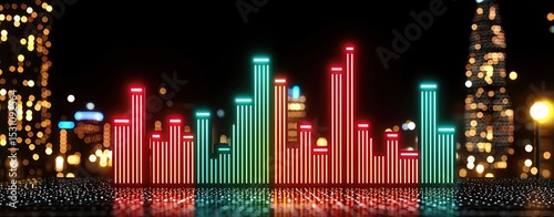 3D rendering of red and green stock market bars rising between digital towers in a night city environment