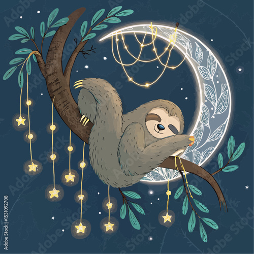 Dreamy Sloth Resting Under Celestial Moon Dreamcatcher