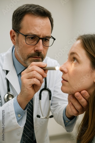 Doctor conducts preventive care with penlight during medical check-up for a patient in clinic