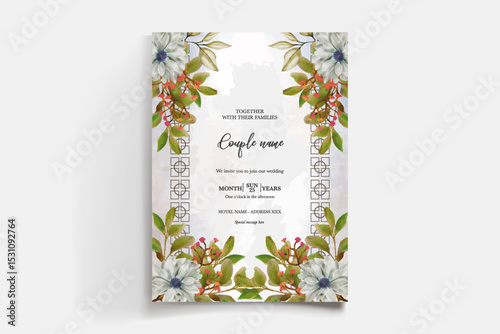 WEDDING INVITATION FRAME WITH FLOWER DECORATIONS AND FRESH LEAVES