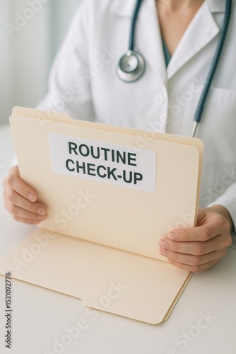 Medical professional reviewing routine check-up folder during a health assessment