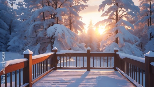 Snowy winter sunrise view from wooden deck