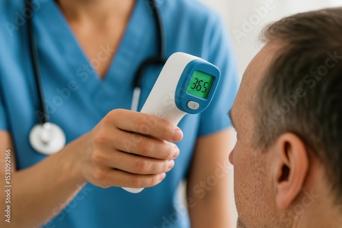 Regular medical check-up with digital thermometer for preventive care in a clinical setting