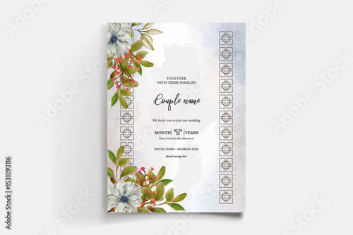 WEDDING INVITATION FRAME WITH FLOWER DECORATIONS AND FRESH LEAVES