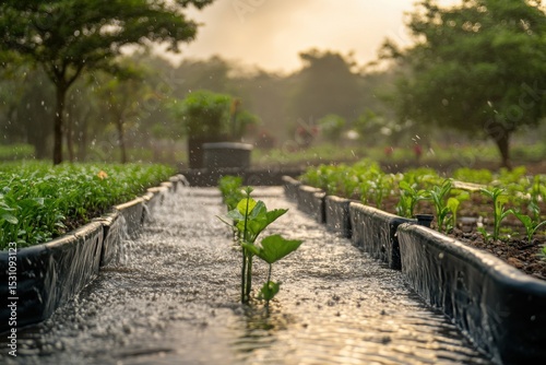 A clean and high resolution image showing rainwater harvesting and water conservation systems with eco friendly context.