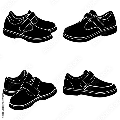 Illustration of four black shoes with straps in different angles on a white background surface view