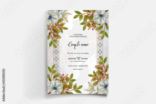WEDDING INVITATION FRAME WITH FLOWER DECORATIONS AND FRESH LEAVES