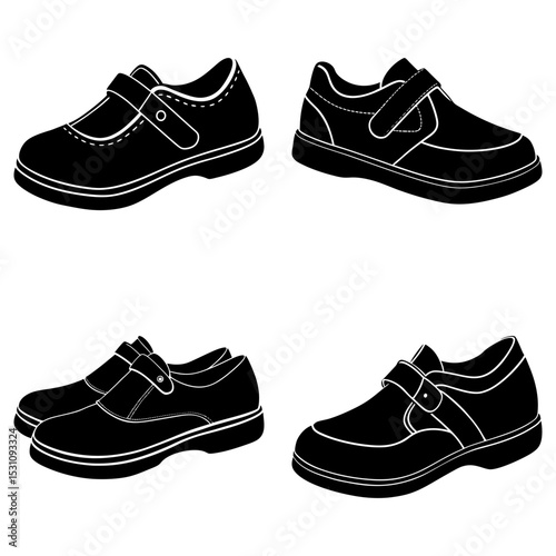 Illustration of four black shoes with straps and white outlines in different orientations and perspectives