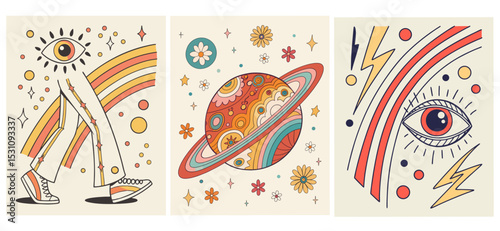 Set of three psychedelic vector illustrations of naive art: walking legs with an eye, bright planet with flowers, eye with rainbow and lightning, for visionary art and creative projects