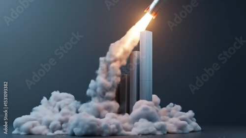 3D shiny silver rocket launches next to tall bar graph. 4k video