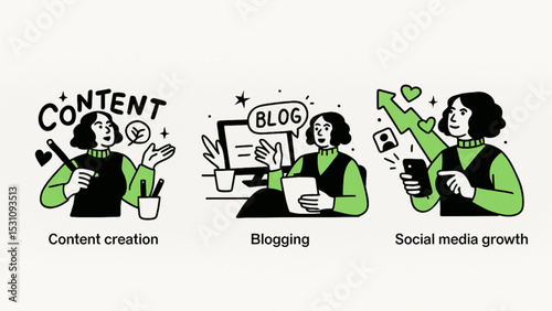 Content creation blogging and social media growth illustrated with a woman engaging in these activities showcasing digital marketing strategy and online success
