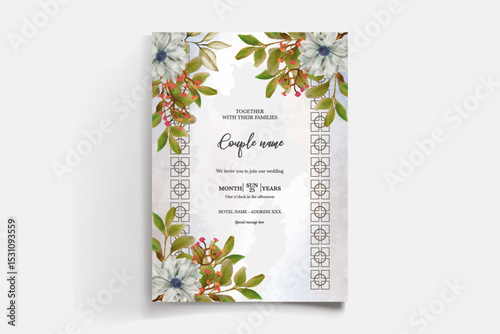 WEDDING INVITATION FRAME WITH FLOWER DECORATIONS AND FRESH LEAVES