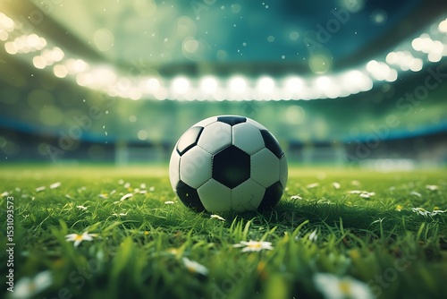 Soccer ball on grassy field at stadium