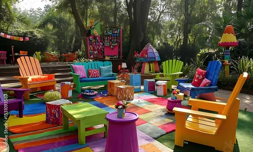 Vibrant Colorful Outdoor Patio Furniture Arrangement in a Lush Garden Setting