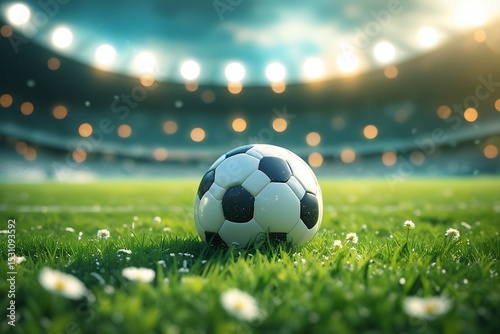 Soccer ball on grassy field at stadium