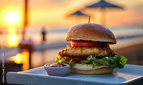 Sunset Beachfront Gourmet Burger Delicious Food Photography