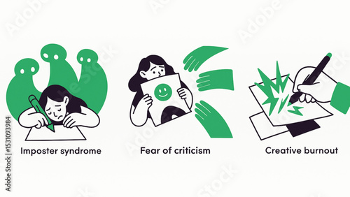 Creative Burnout Imposter Syndrome Fear of Criticism Illustration depicting common artist struggles self doubt negative feedback and creative exhaustion