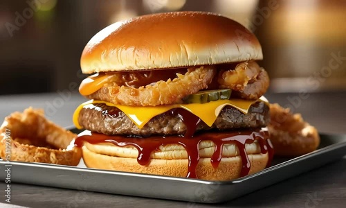 Juicy Double Cheeseburger with Onion Rings and BBQ Sauce