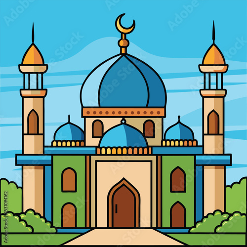Taj Mahal vector illustration showcasing the iconic Indian mosque architecture with its majestic dome, minarets, and symbolic presence as a cultural landmark