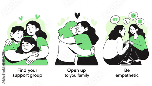 Empowering illustrations depict family support group hugs empathy and emotional wellbeing promoting mental health awareness through relatable scenes of comfort and understanding