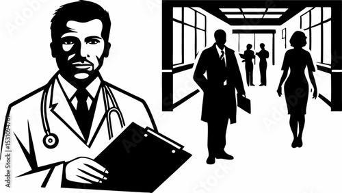 Illustration of a doctor holding a clipboard with colleagues in a hospital hallway setting view | eps vectors silhouette