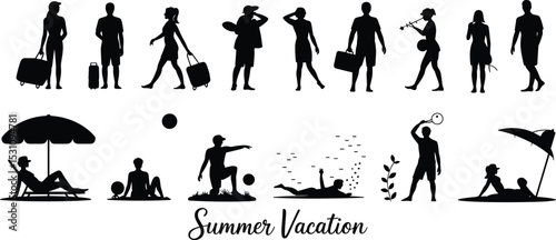 Summer Vacation Beach Activities People Silhouettes Vector Illustration Set, Travel, Relaxation, Swimming, Sunbathing, and Outdoor Fun Concepts for Holiday Designs