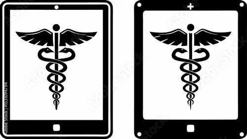 Two tablets displaying the caduceus symbol in black and white representing medical technology concept | eps vectors silhouette