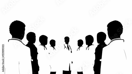 Silhouette of group of doctors standing together in a circle wearing white coats and stethoscopes around necks | eps vectors