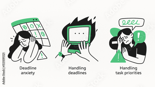 Stressful Workplace Scenarios Illustration featuring deadline anxiety task prioritization and overwhelmed feeling showcasing hand drawn style