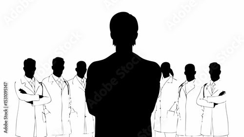 Silhouette of a leader standing in front of a team of doctors in white coats with arms crossed behind | eps vectors