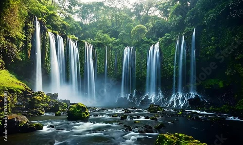 Serene Waterfall in Lush Tropical Rainforest A Breathtaking Nature Scene