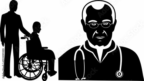 Silhouette of doctor with stethoscope and man assisting person in wheelchair on white background | eps vectors