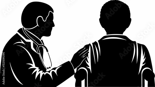 Doctor comforting patient with hand on shoulder in black and white silhouette illustration style | eps vectors