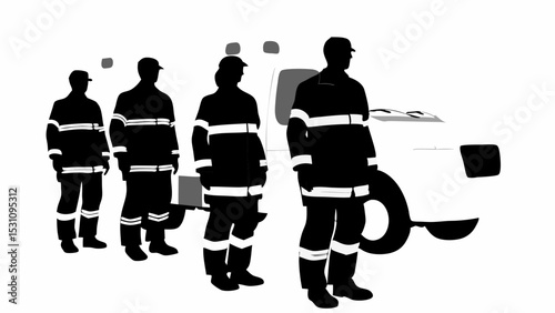 Silhouette of four firefighters standing in front of a fire truck with white background design | eps vectors