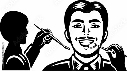 Illustration of a man receiving a dental checkup with a dentist using dental instruments and mirror tool | eps vectors silhouette