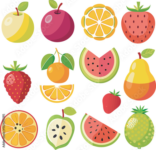 A vibrant collection of stylized fruit illustrations, featuring a variety of whole and sliced fruits such as apples, oranges, strawberries, watermelons, and more, presented in a flat design aesthetic.