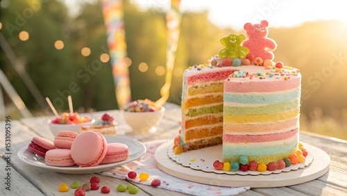 Vibrant rainbow layer cake decorated with gummy bears macarons and colorful candies on a wooden table.