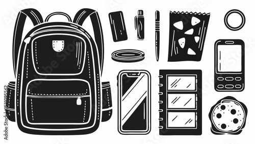 Illustration of a backpack with various school and personal items arranged around it in black and white | eps vectors silhouette