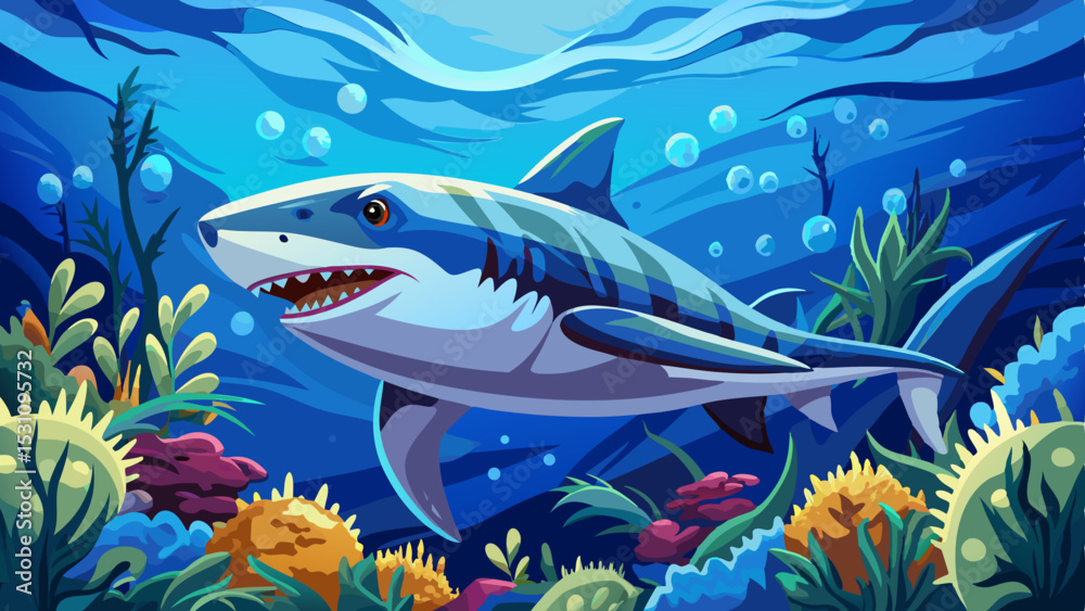 Obraz premium close up Great white swims deep blue ocean. Predator animal in action. Underwater sea wildlife. Stunning marine life, dangerous big fish in natural habitat. Marine life aquatic animal . Very beautiful