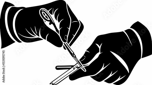 Two gloved hands using surgical instruments for a medical procedure in black and white style image | eps vectors silhouette