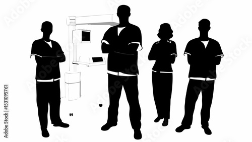Silhouette of medical team with arms crossed standing next to medical equipment in black and white | eps vectors