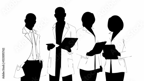 Silhouette of four doctors in lab coats holding tablets and discussing medical information together | eps vectors