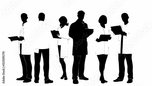 Silhouette of medical team with lab coats and clipboards standing together in a group setting on white background | eps vectors