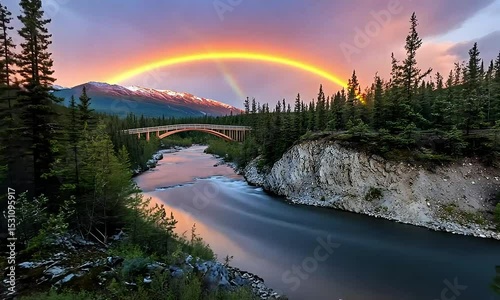 Majestic Rainbow Arching Over River and Mountains at Sunrise